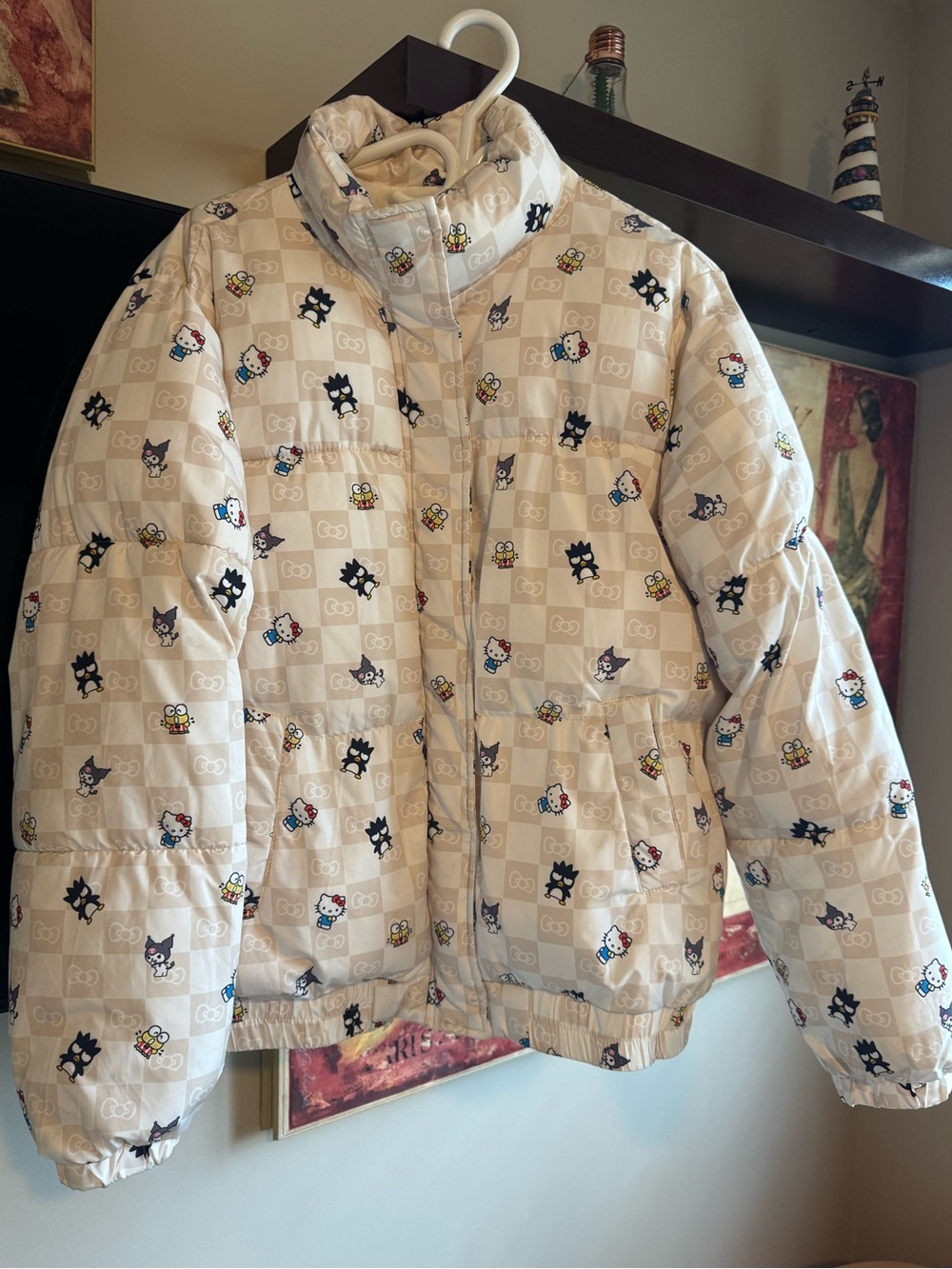 EUC Hello Kitty x Forever 21 Cream Checkered Puffer Jacket